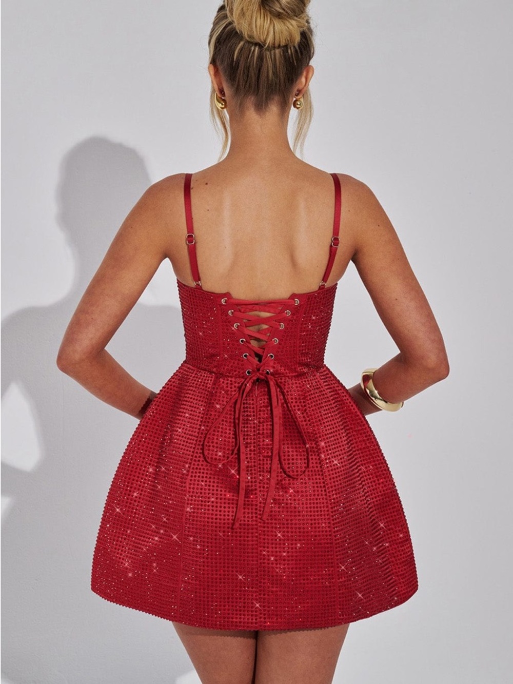 Sparkling Red Spaghetti-Strap Mini Dress - Picture 2 of 3